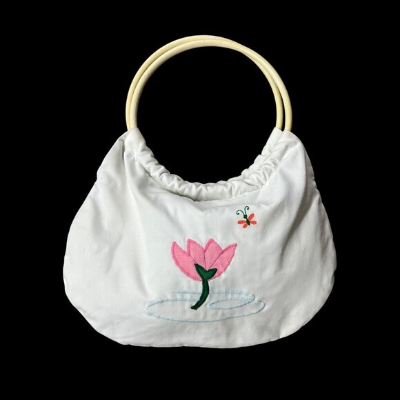 Vintage White Purse 1970s Country Fair Frog Lotus Plastic Hoop Handles Kitschy - Picture 3 of 10
